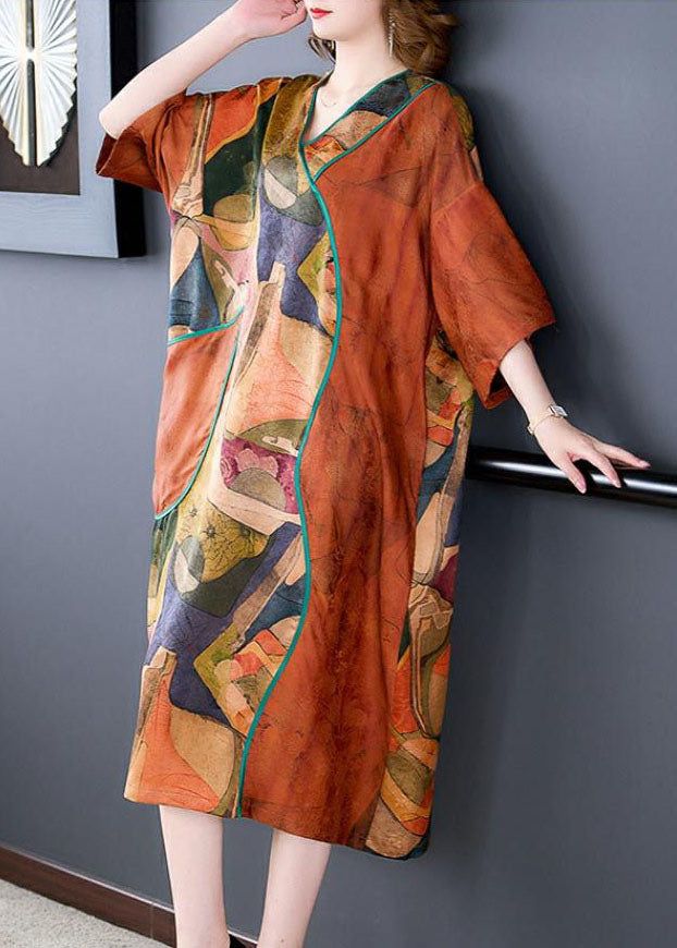 Abstract Print V-Neck Kimono Sleeve Piped Pocket Midi Shift Dress