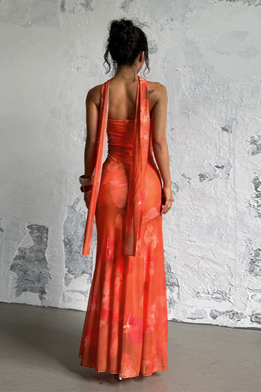 Sexy Strapless Mesh Tie Detail Maxi Floral Dress 4