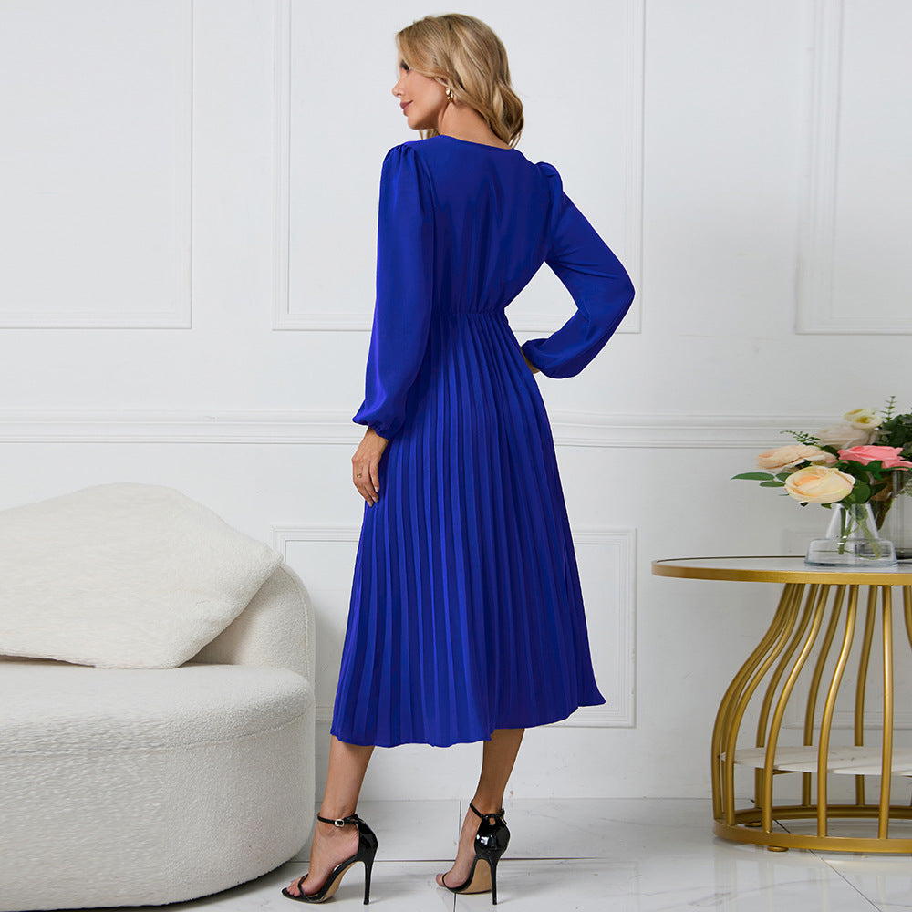 Minimalist Guillermina Pleated Midi Dress with a Crossover V Neck Designer Edit