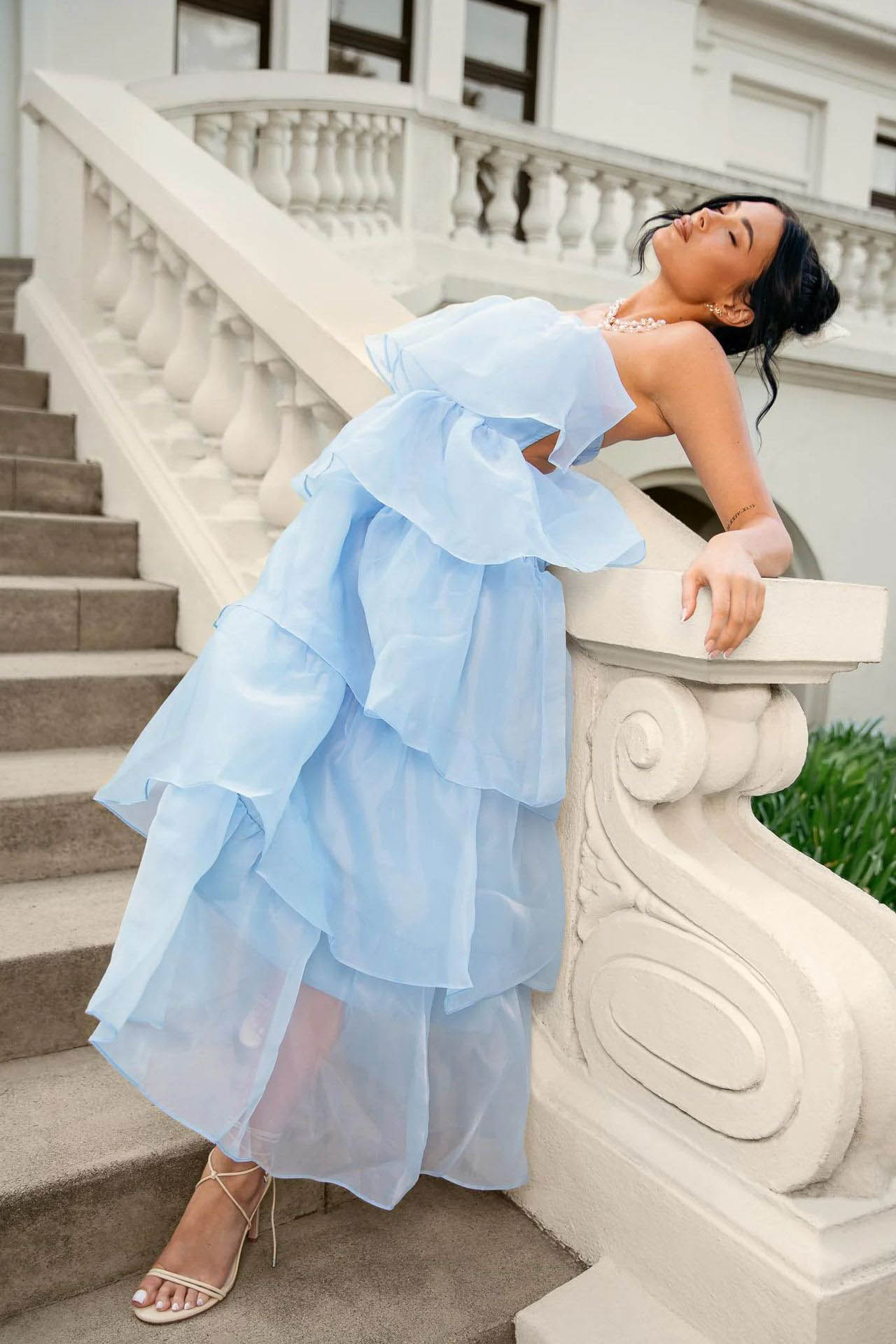 Strapless Backless Tiered Ruffle Organza Maxi Dress