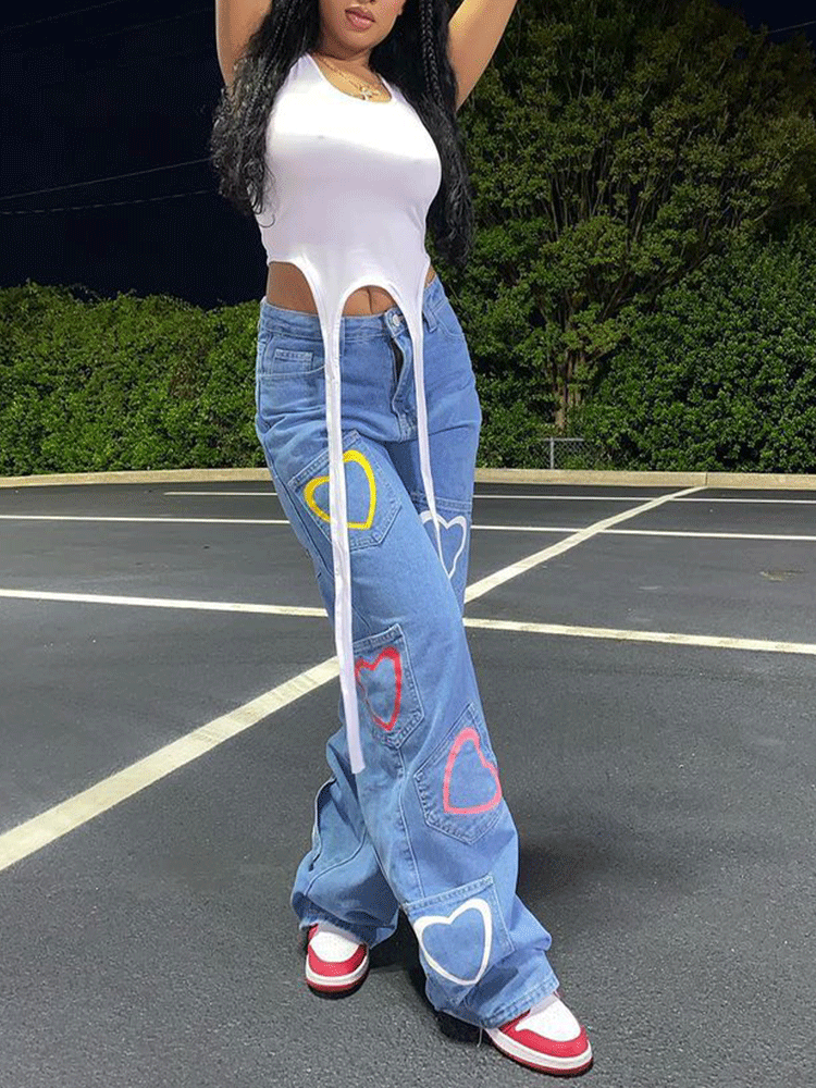 Heart Print Patch Pocket High Waist Wide Leg Jeans 5