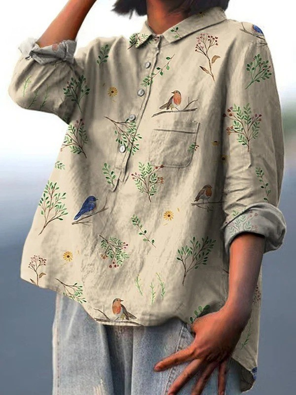 Bird and Botanical Print Long Sleeve Button Front Linen Shirt