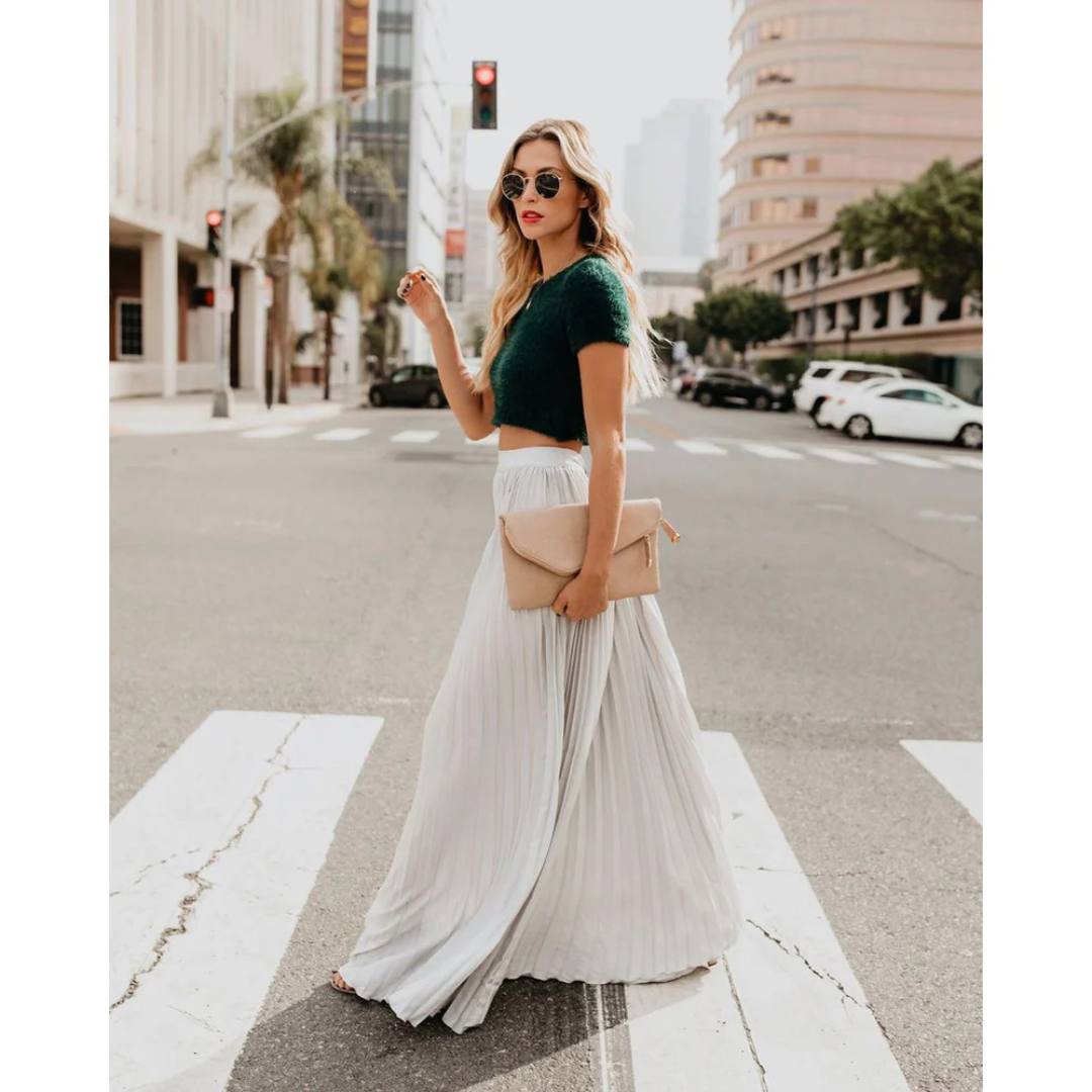 Textured Crop Top Accordion Pleated Maxi Skirt Two Piece Set
