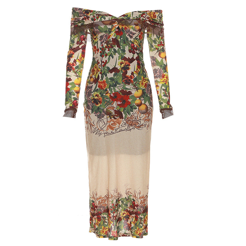 Floral Off Shoulder Long Sleeve Ruched Mesh Bodycon Midi Dress