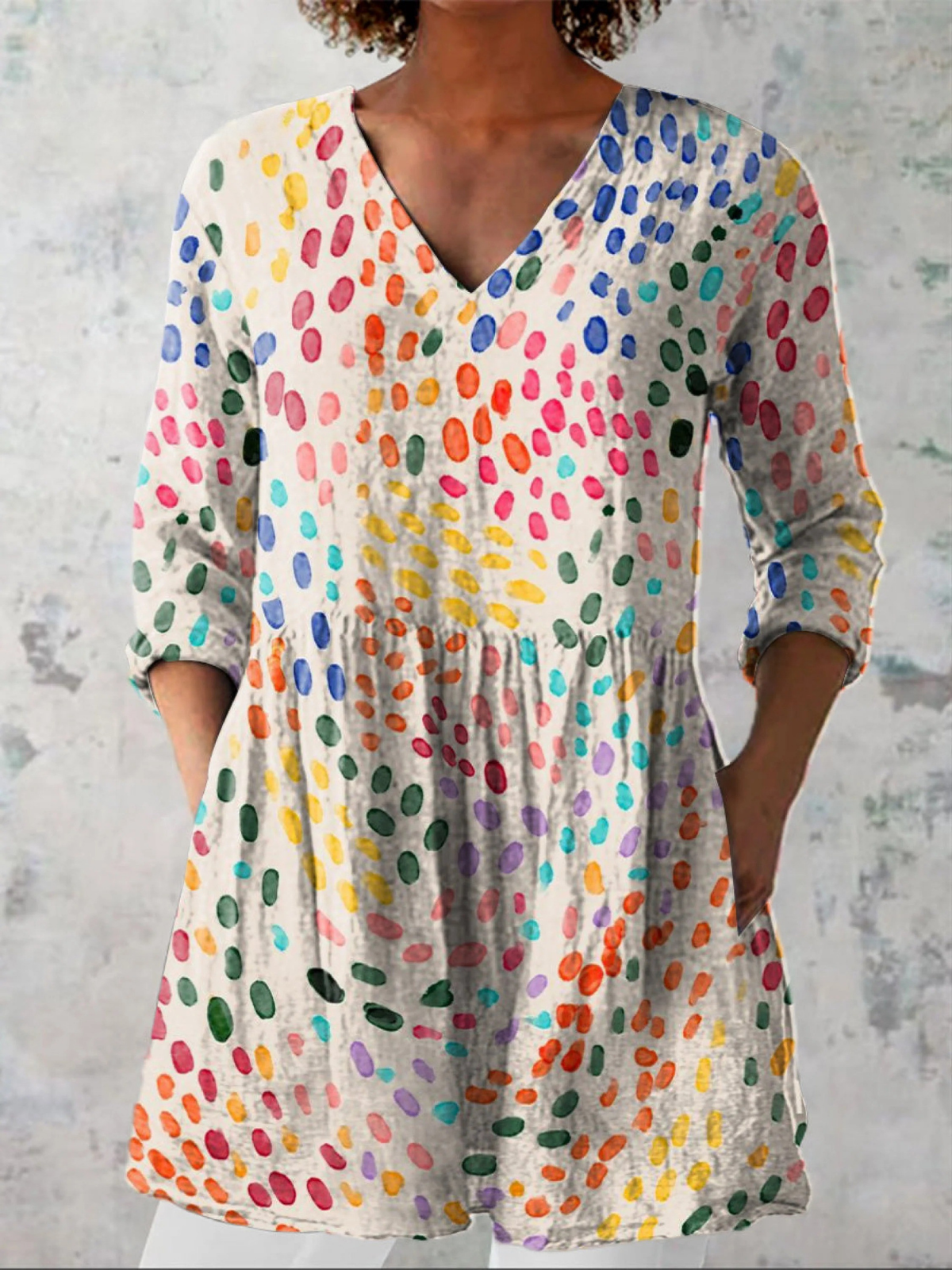 Dot Print V-Neck Long Sleeve Peplum Tunic Top