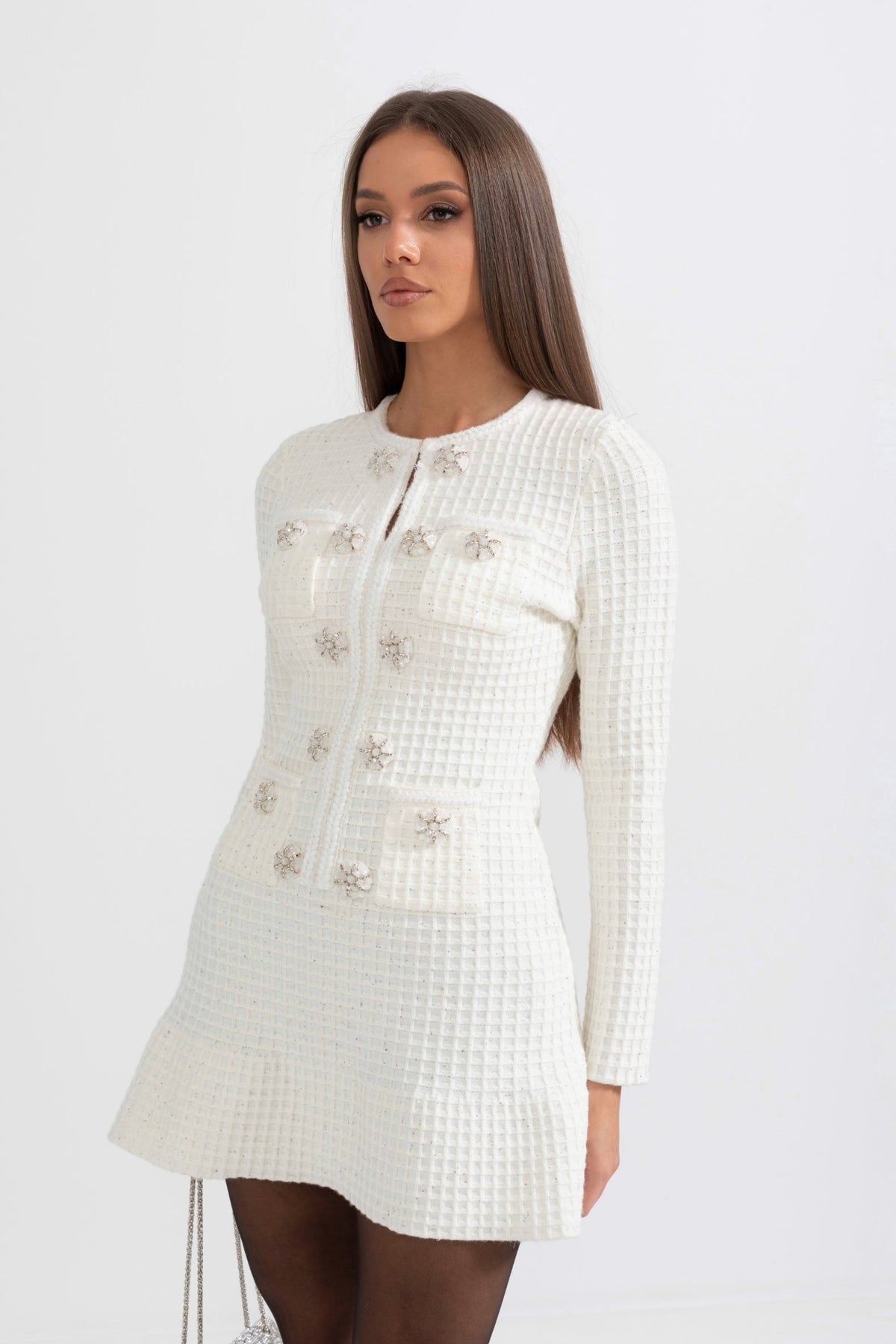 Waffle Knit Round Neck Crystal Floral Button Patch Pocket Ruffle Hem Mini Dress - View 3