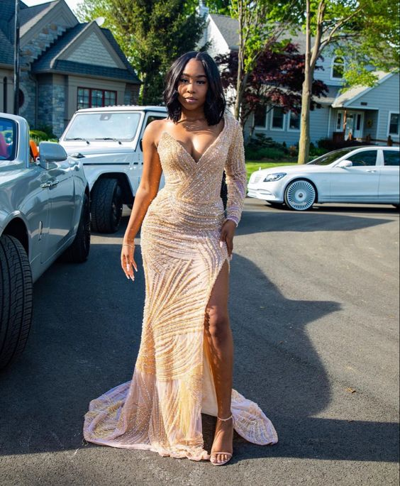 Luxurious Handmade One Sleeve Sheath Prom Dress,Glam Dress cc981