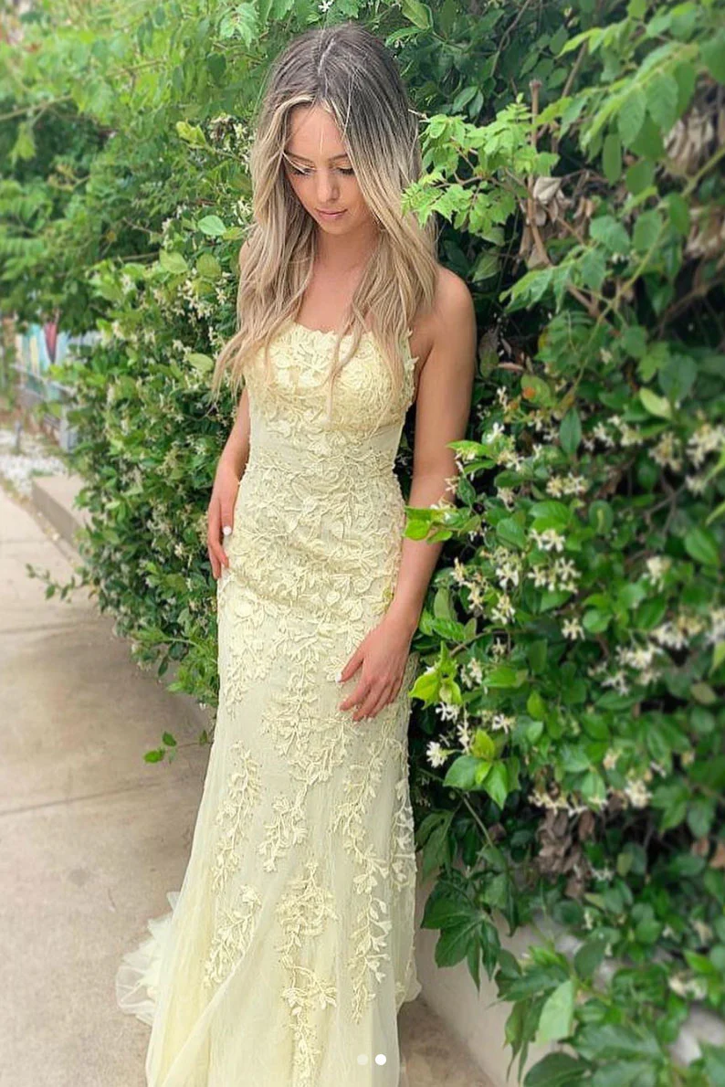 Elegant Yellow Backless Lace Prom Dress Mermaid Party Evening Gown cc1907