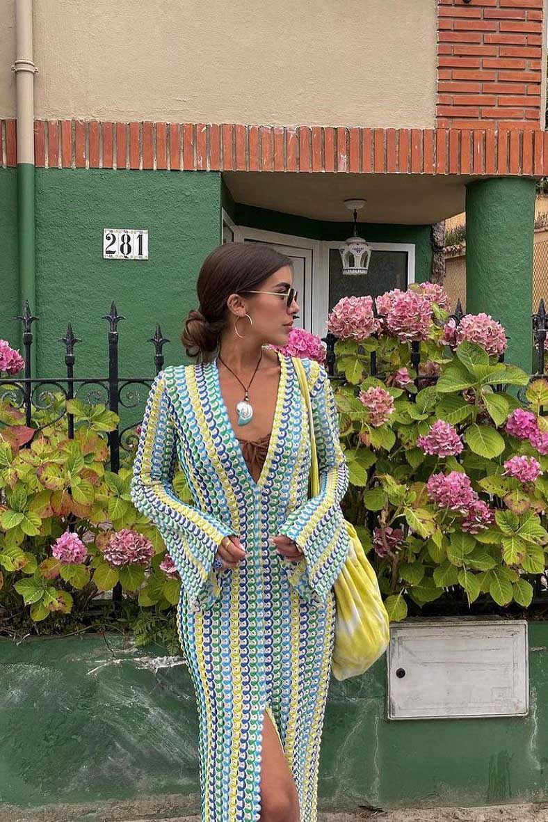 Crochet Deep V-Neck Long Sleeve Striped Boho Maxi Dress