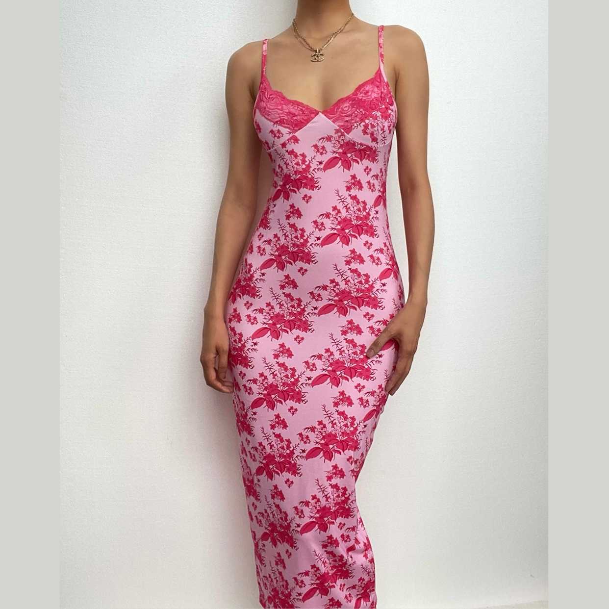Floral Print Lace Trim V-Neck Spaghetti Strap Bodycon Midi Dress