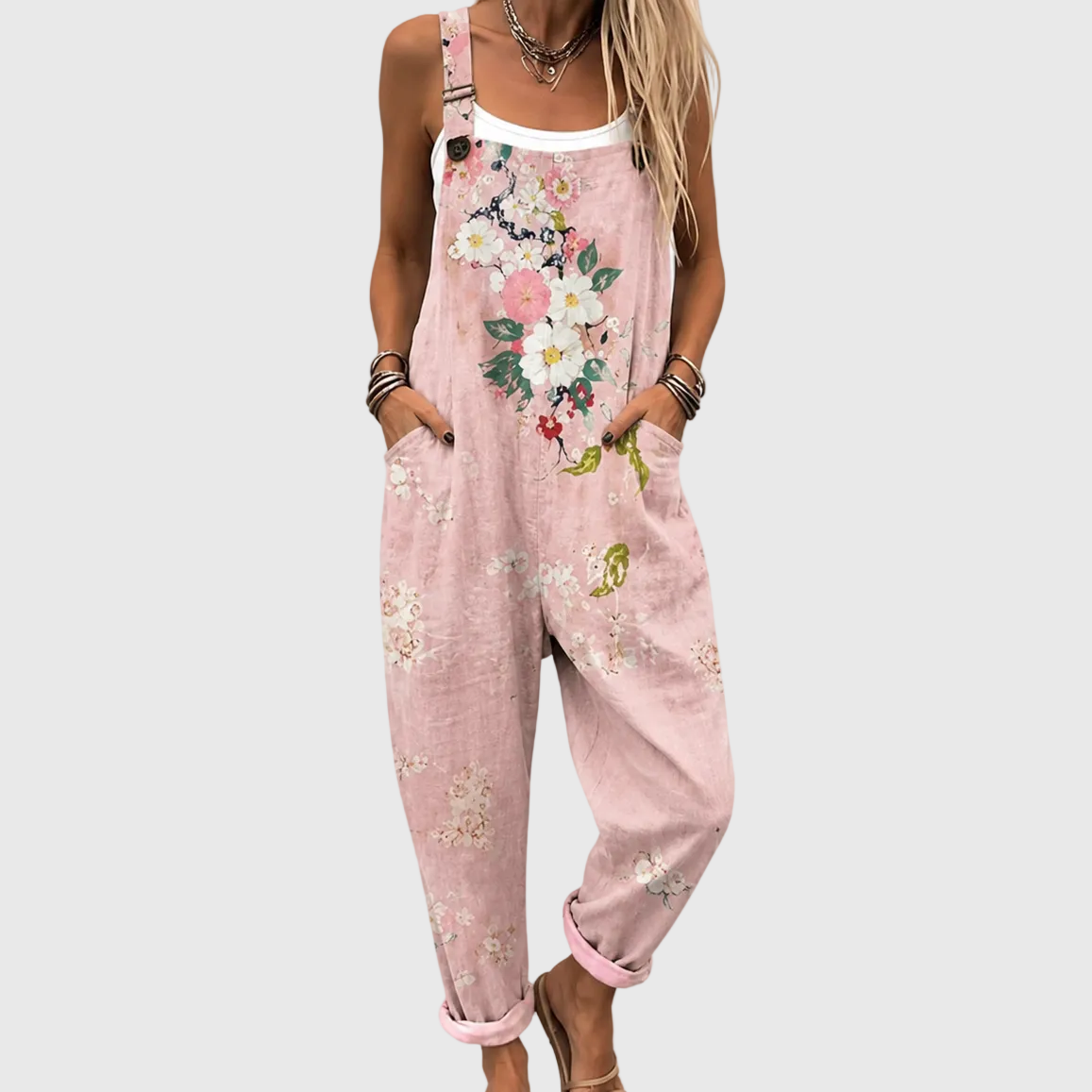 Floral Print Pocket Wide Leg Overall Jumpsuit