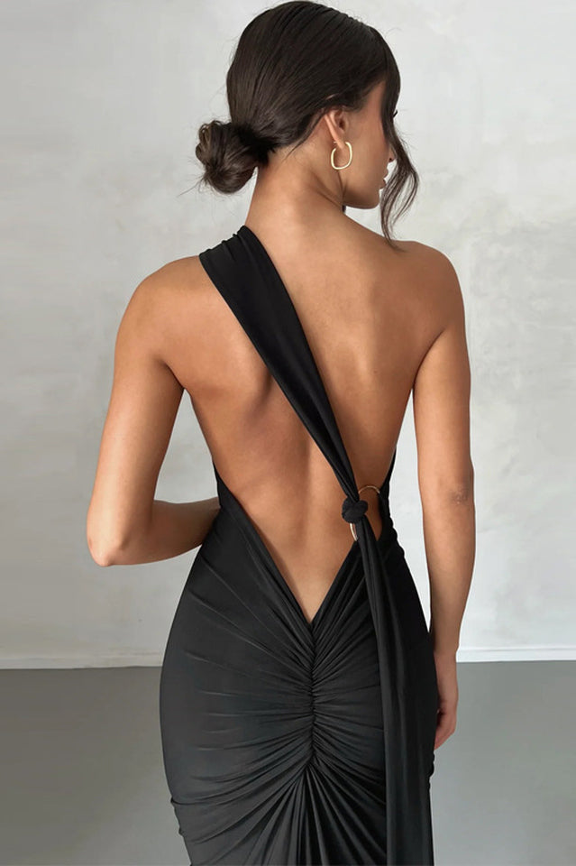 One Shoulder Ruched Open Back Trailing Sash Floor Length Gown