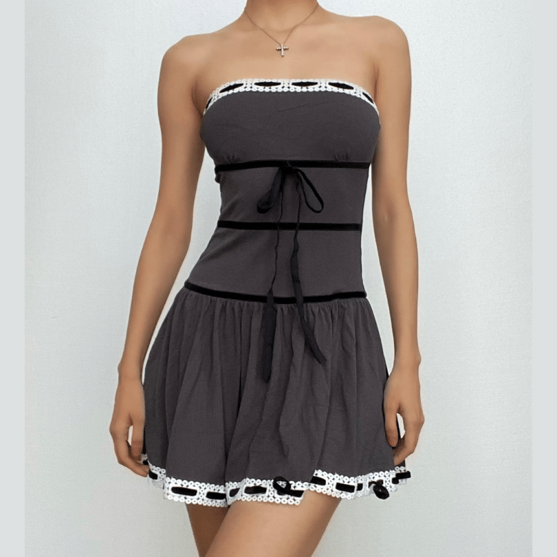 Ribbed Strapless Lace Trim Bow Tie Drop Waist Mini Dress