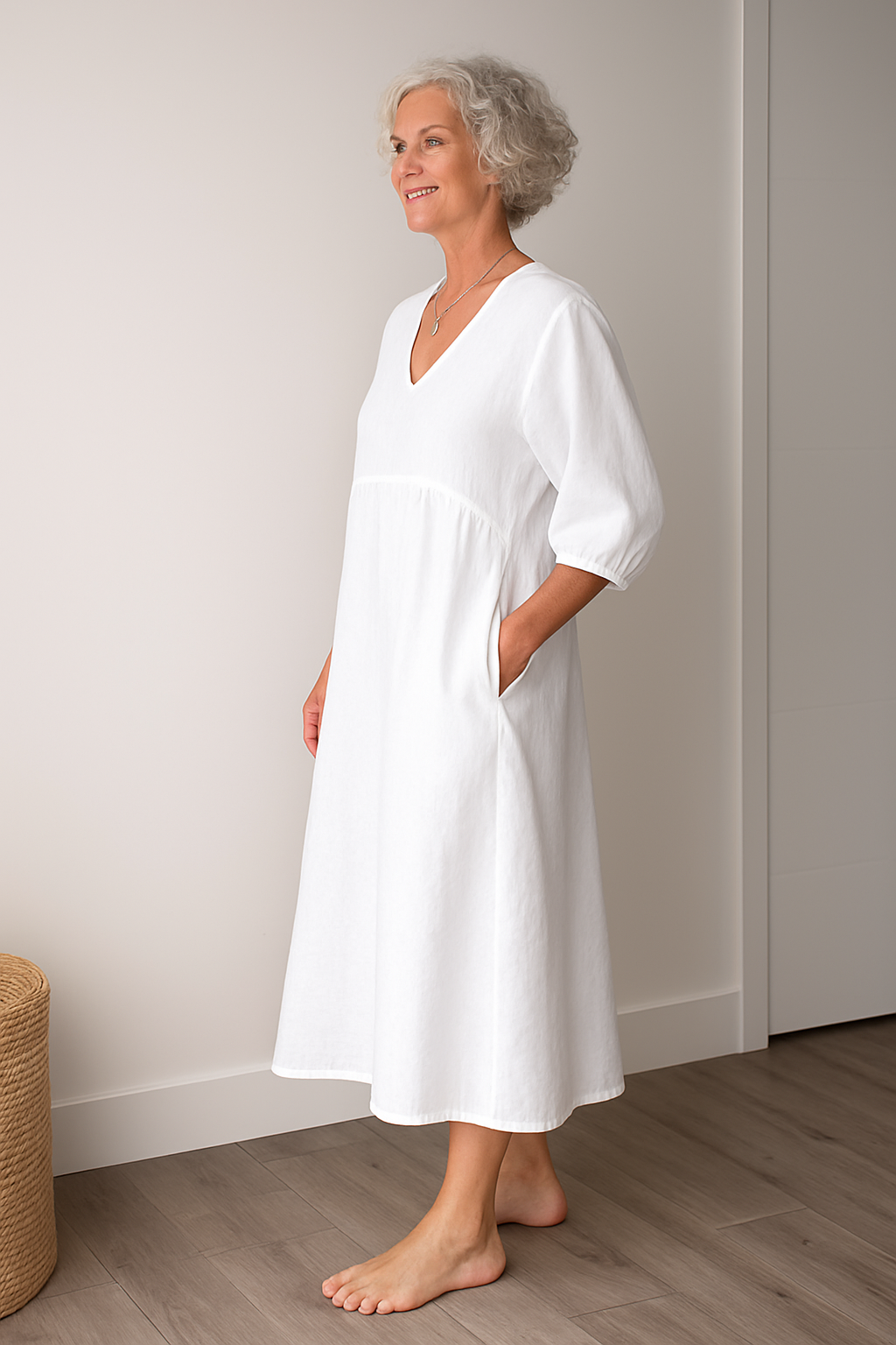 V-Neck Puff Sleeve Pocket A-Line Midi Dress 2