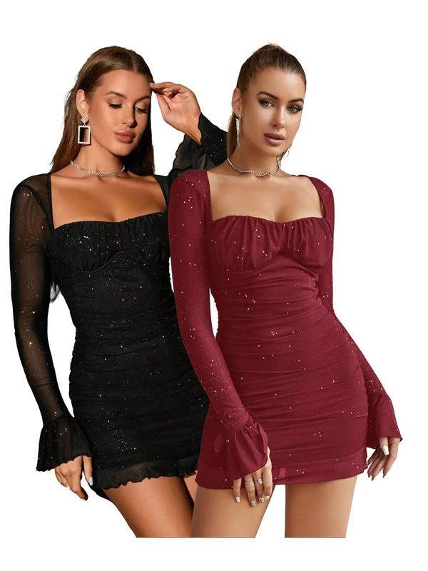 Glitter Mesh Square Neck Long Sleeve Ruched Bustier Mini Dress 8