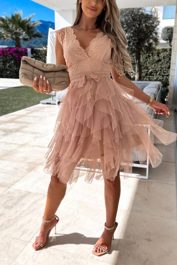 Gabriela Timeless Open-Shoulder Layered Lace Midi Dress with V Neck Evening Wear Edit