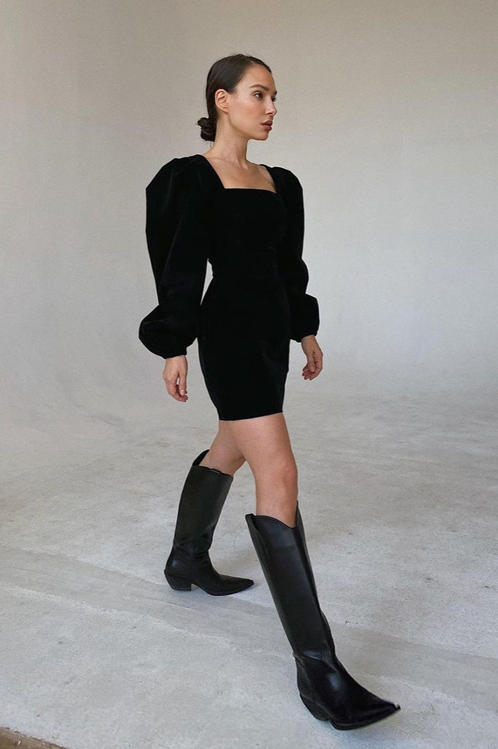 Vintage Puff Sleeve Velvet Black Mini Dress - View 3