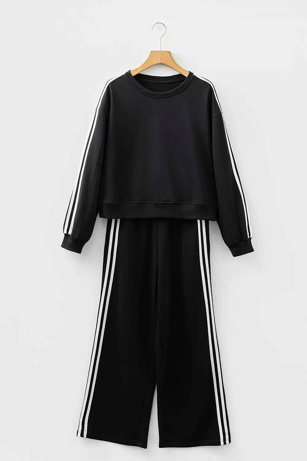 Striped Detail Crewneck Pullover Elastic Sweatpants 2pcs Outfit