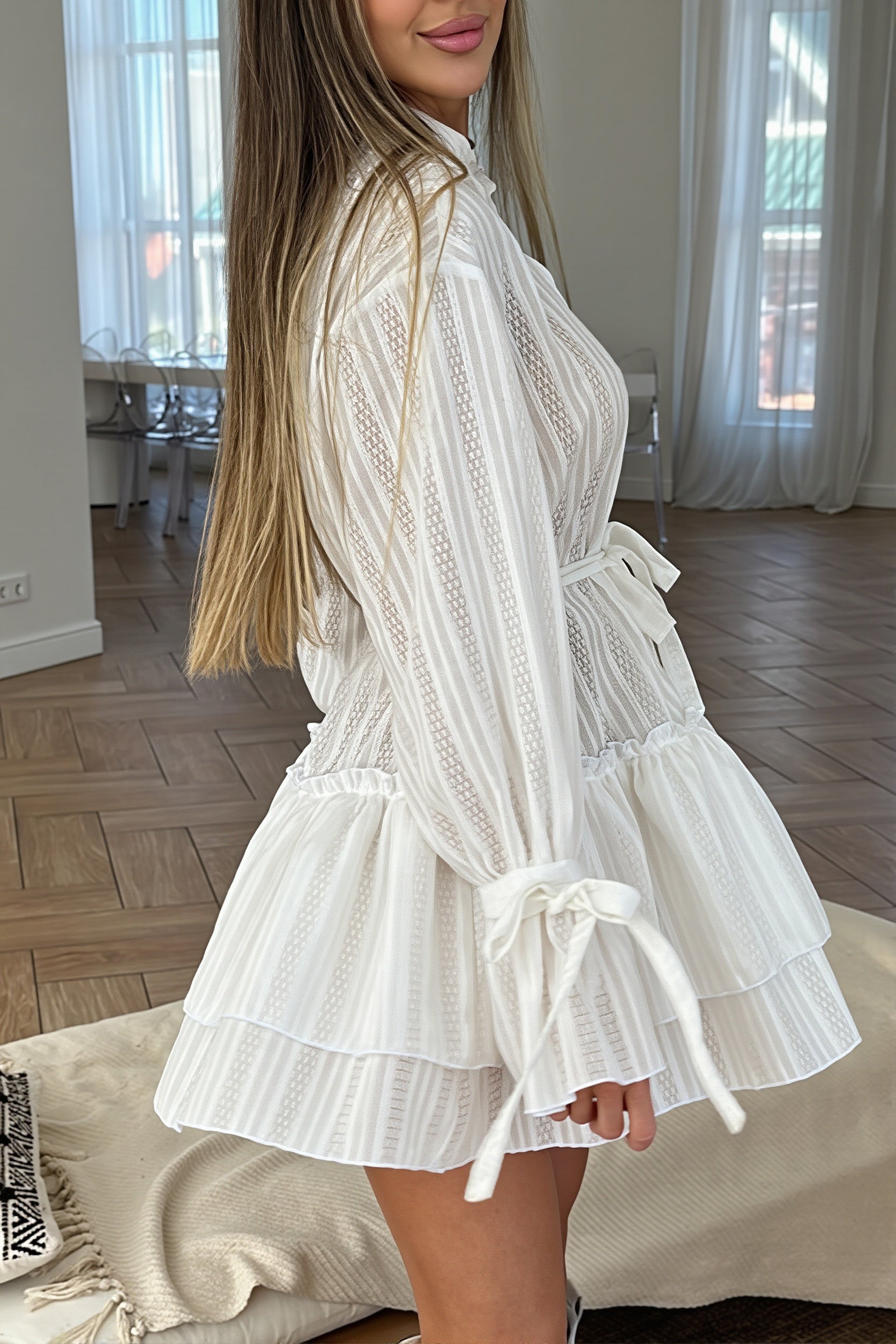 Lace Stand Collar Ruffled Mini Dress - View 2