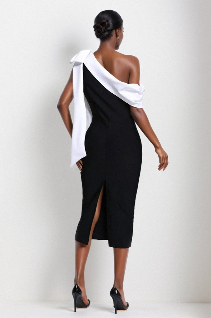 Bandage Off Shoulder Color Block Bow Detail Bodycon Midi Cocktail Dress