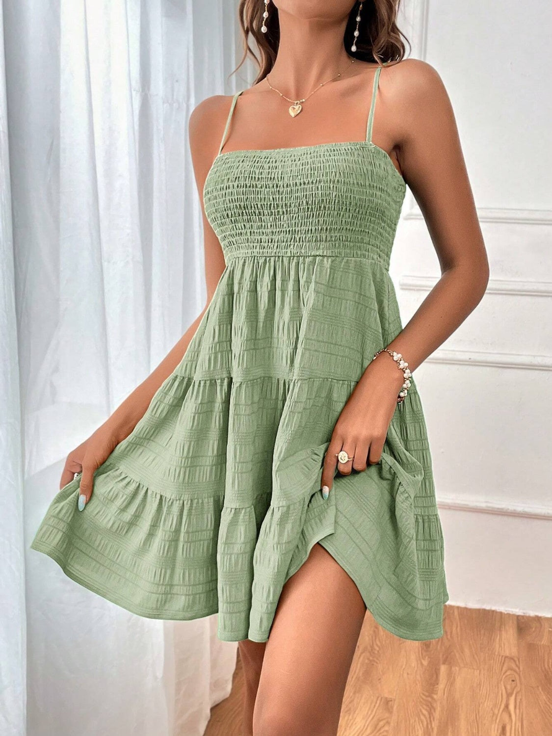 Smocked Tiered Sleeveless Mini Dress Sage