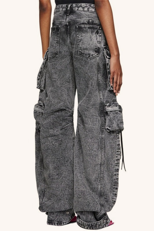 Acid Wash Denim Multi Pocket Wide Leg Cargo Jeans 2