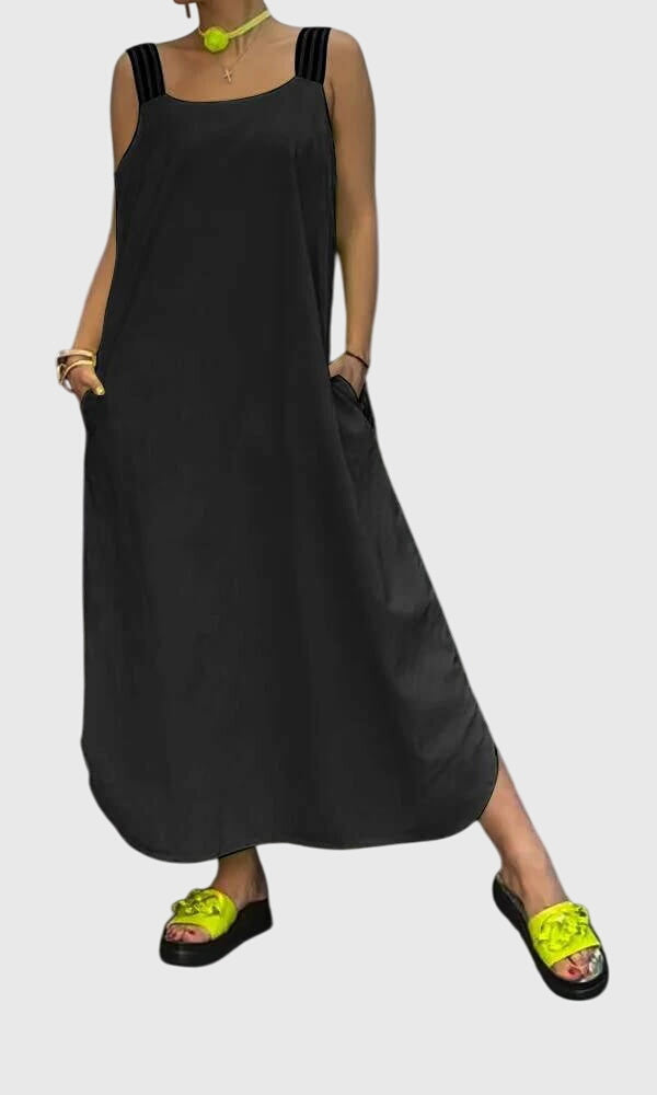 Contrast Strap Square Neck Side Pocket Maxi Dress