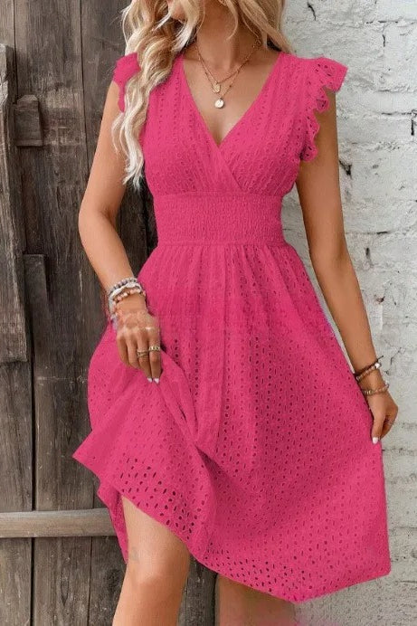 Eyelet Embroidered Surplice V-Neck Ruffle Sleeve Smocked Waist Midi Dress 6