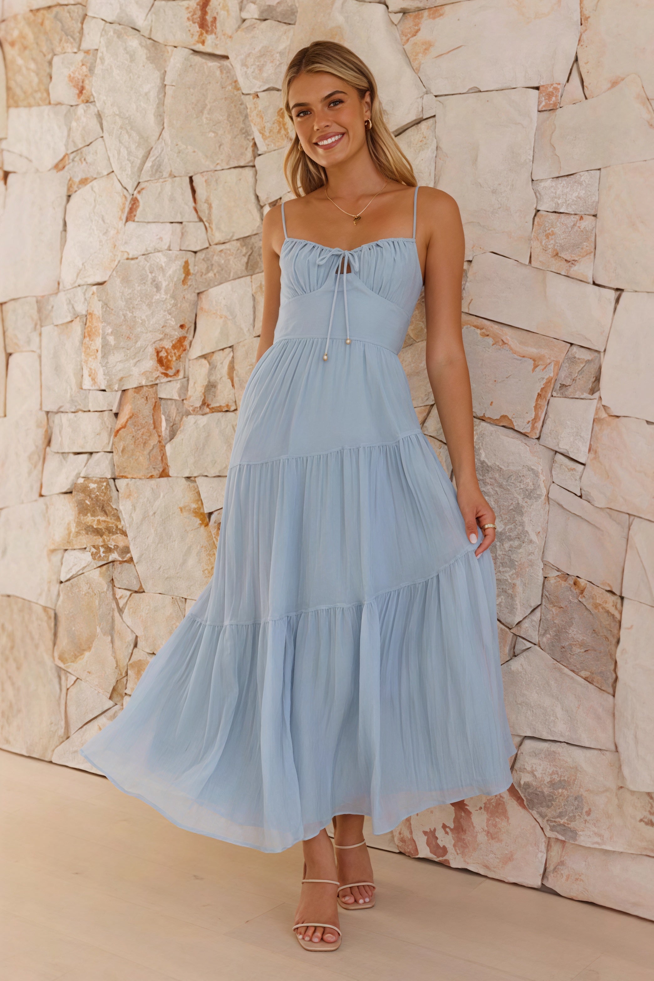 Spaghetti Strap Open Back Flared Maxi Vacation Dress