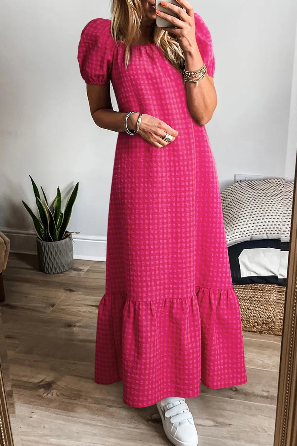 Gingham Puff Sleeve Scoop Neck Ruffle Hem Maxi Dress