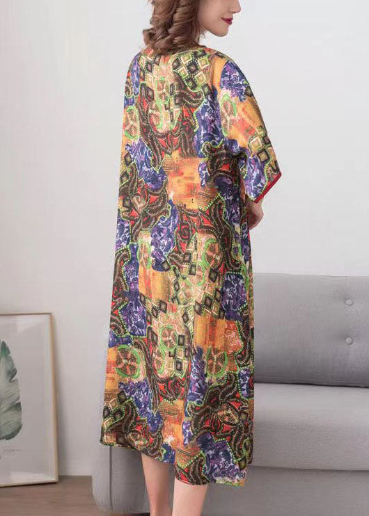 Mixed Print Crew Neck Kimono Sleeve Contrast Trim Shift Midi Dress