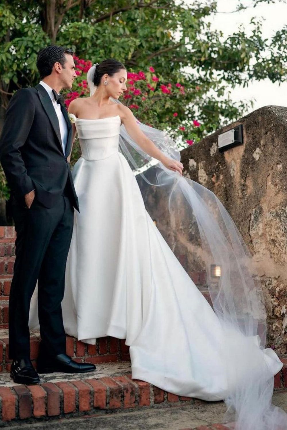 Charming A Line Strapless White Wedding Dress with Sweep Train