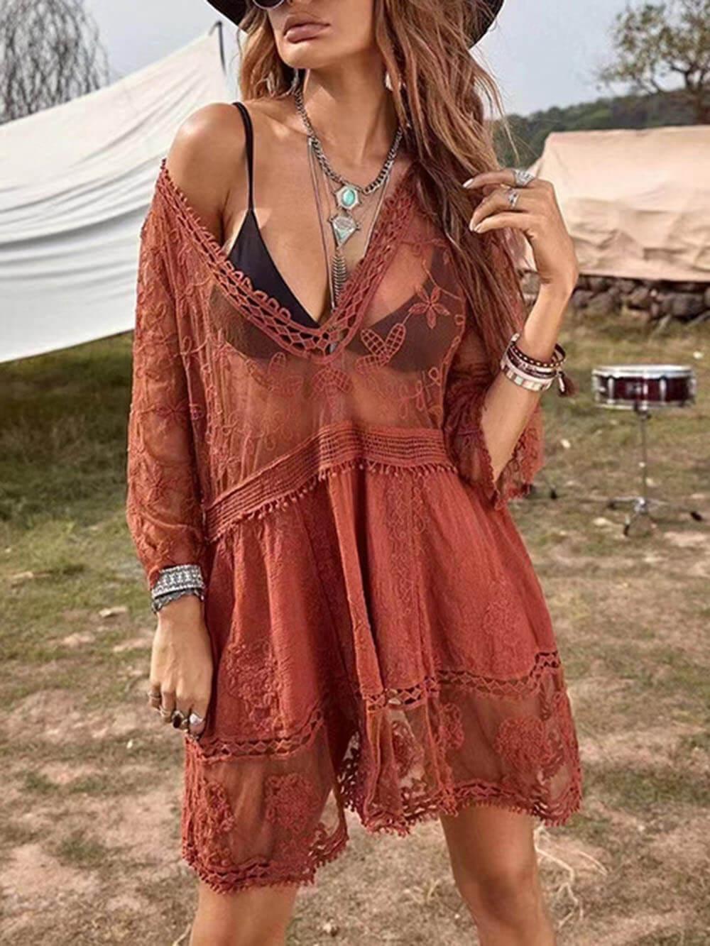 Loose Lace Beach Vacation Bikini Cover-Up Dress Maroon Red F