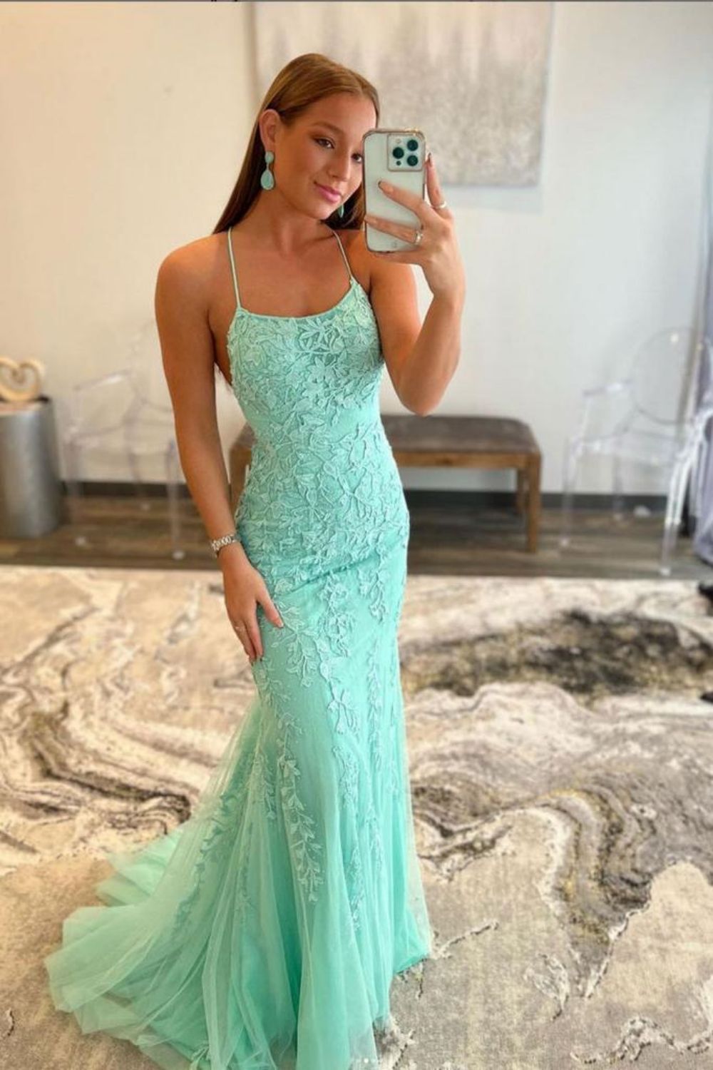Mermaid Spaghetti Straps Hot Pink Long Prom Dress with Appliques