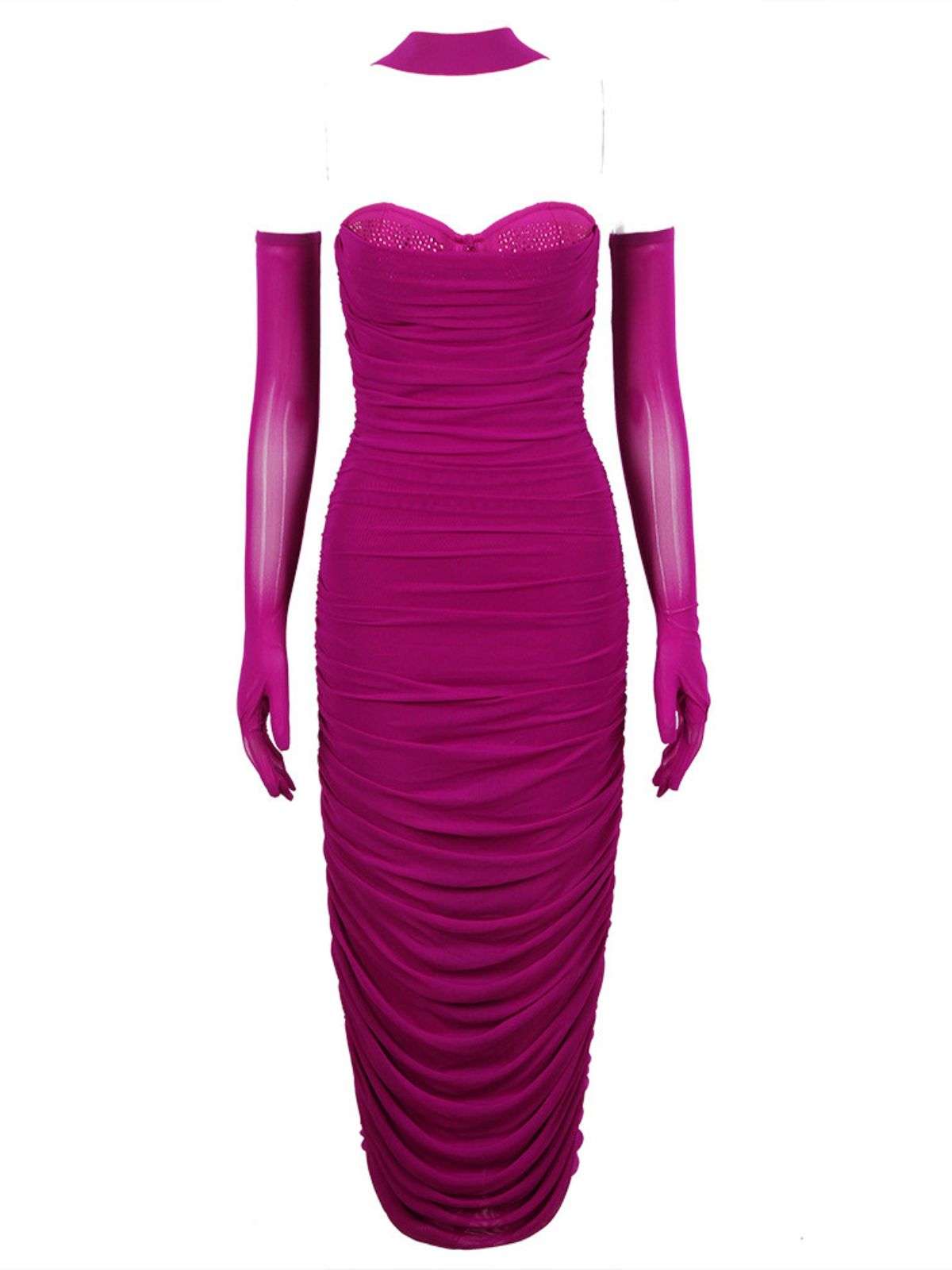 Strapless Sweetheart Ruched Mesh Bodycon Midi Dress with Gloves