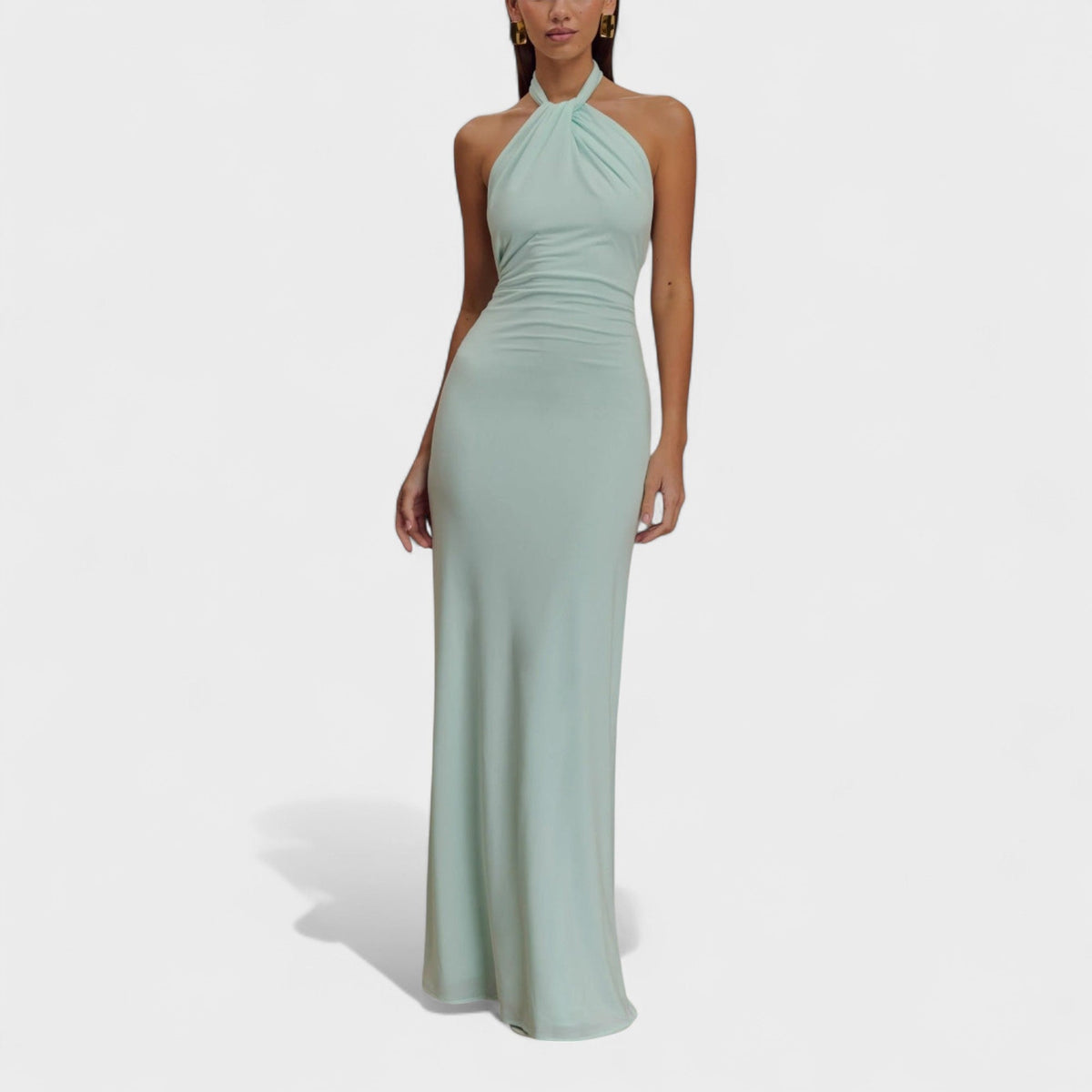 Twist Halter Neck Ruched Backless Maxi Dress