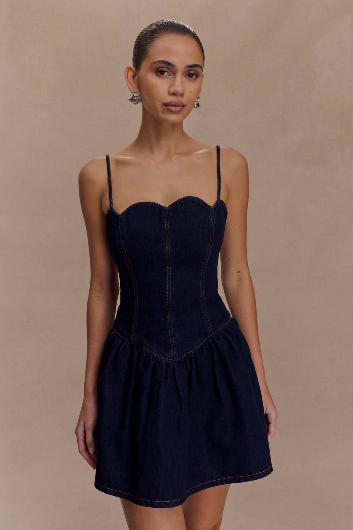 Denim-Look Sweetheart Corset Bodice Drop Waist Mini Dress 7