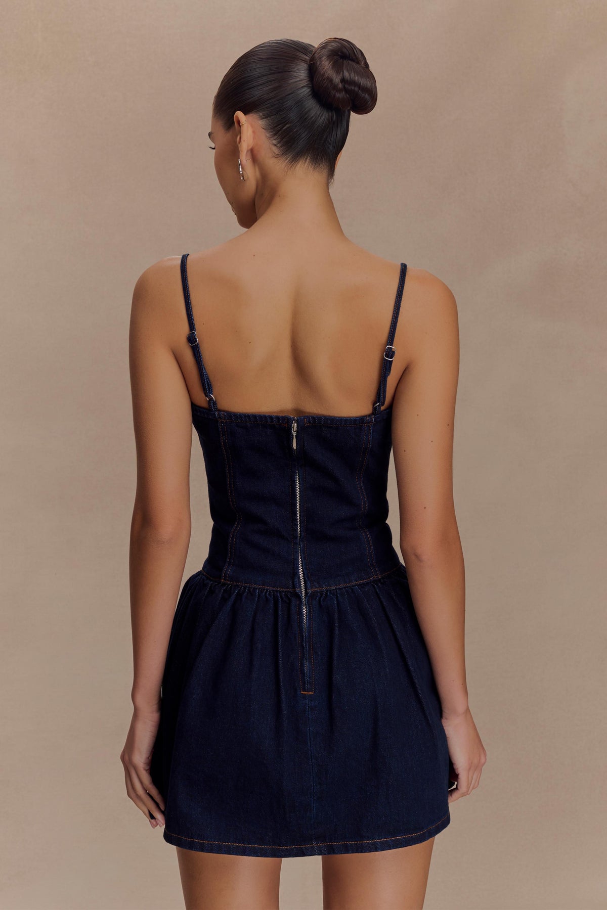 Denim-Look Sweetheart Corset Bodice Drop Waist Mini Dress 6