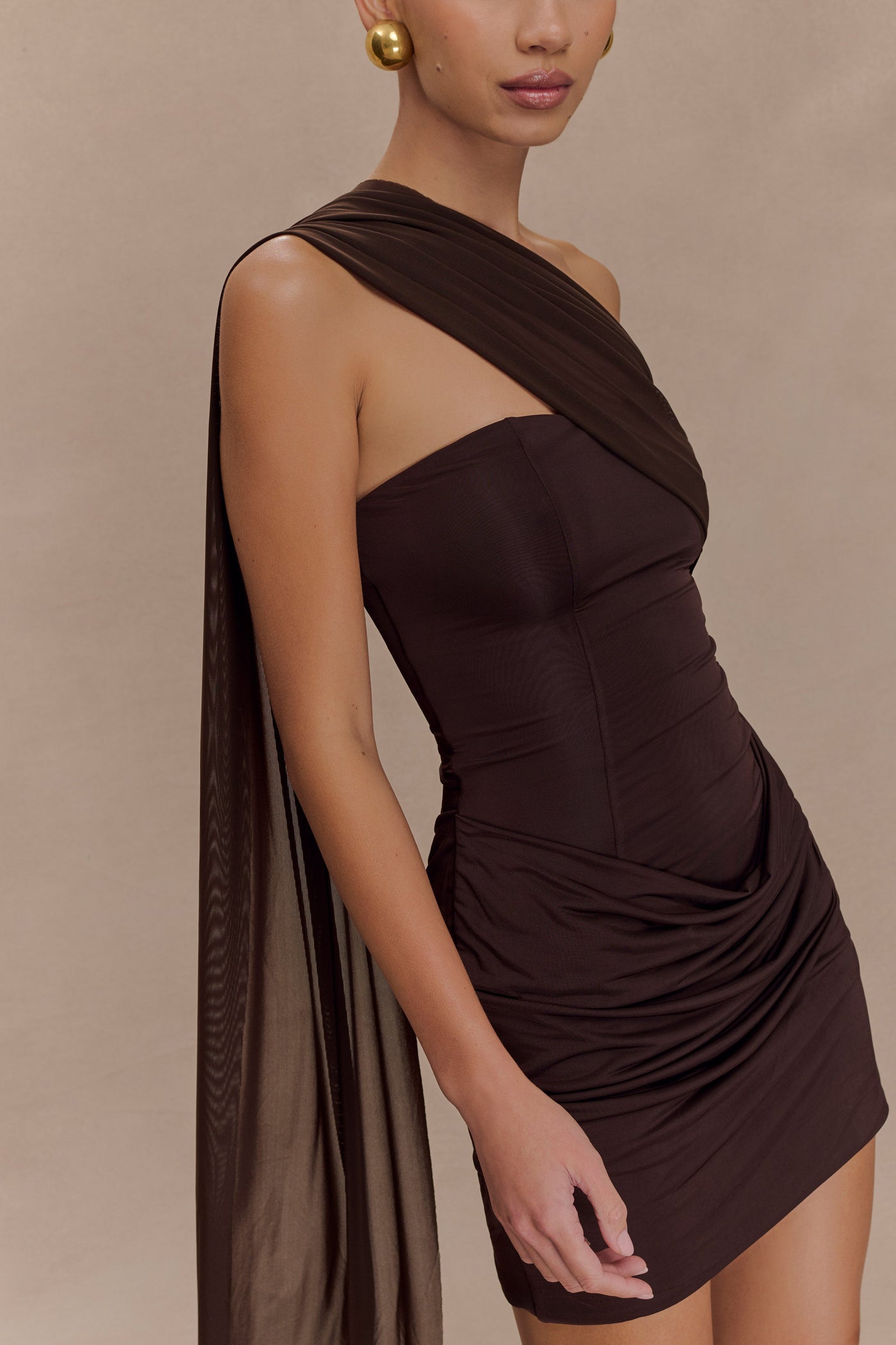 One Shoulder Mesh Ruched Bodycon Mini Dress 3