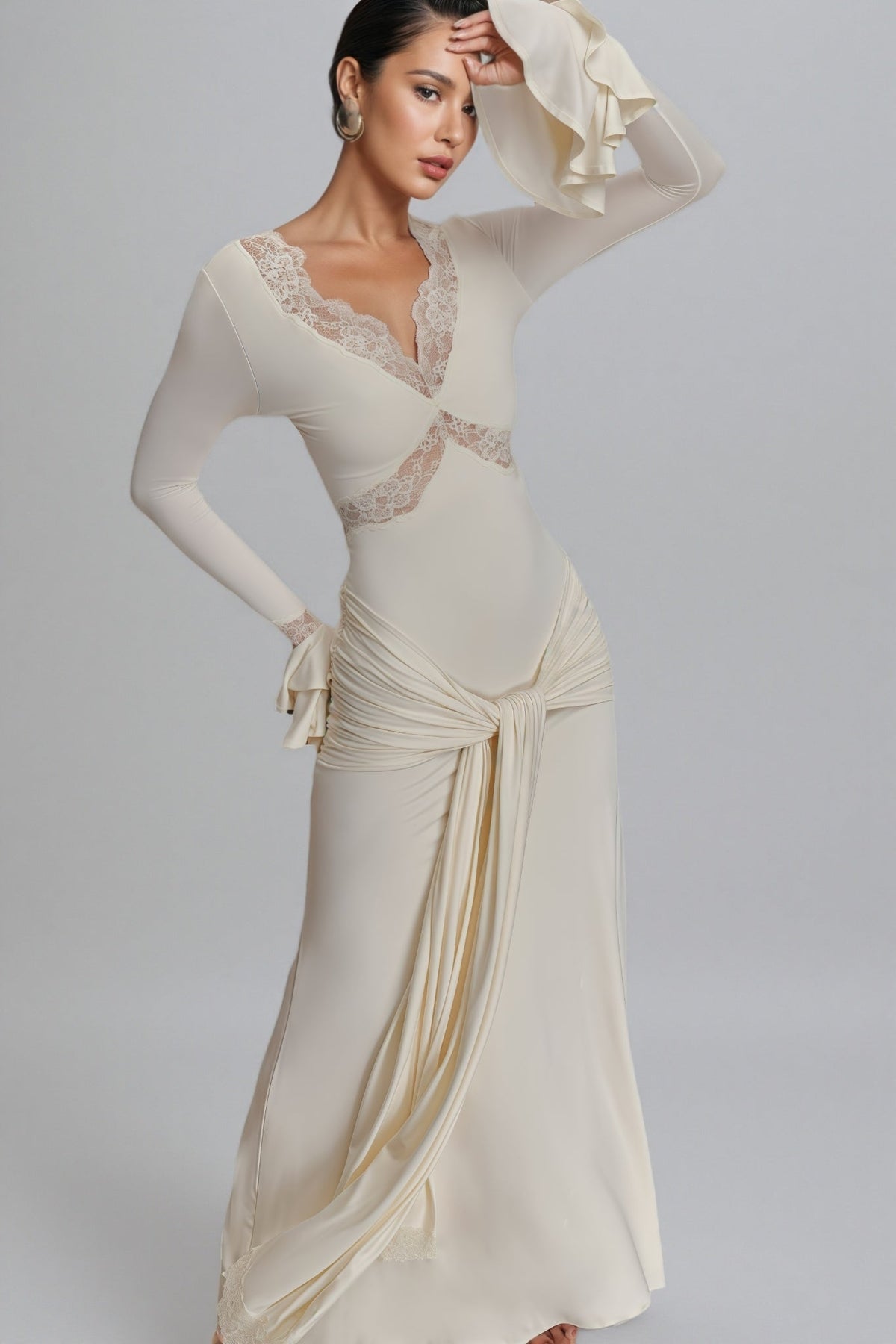 Lace Trim V-Neck Flare Cuff Long Sleeve Tie Waist Maxi Dress 3