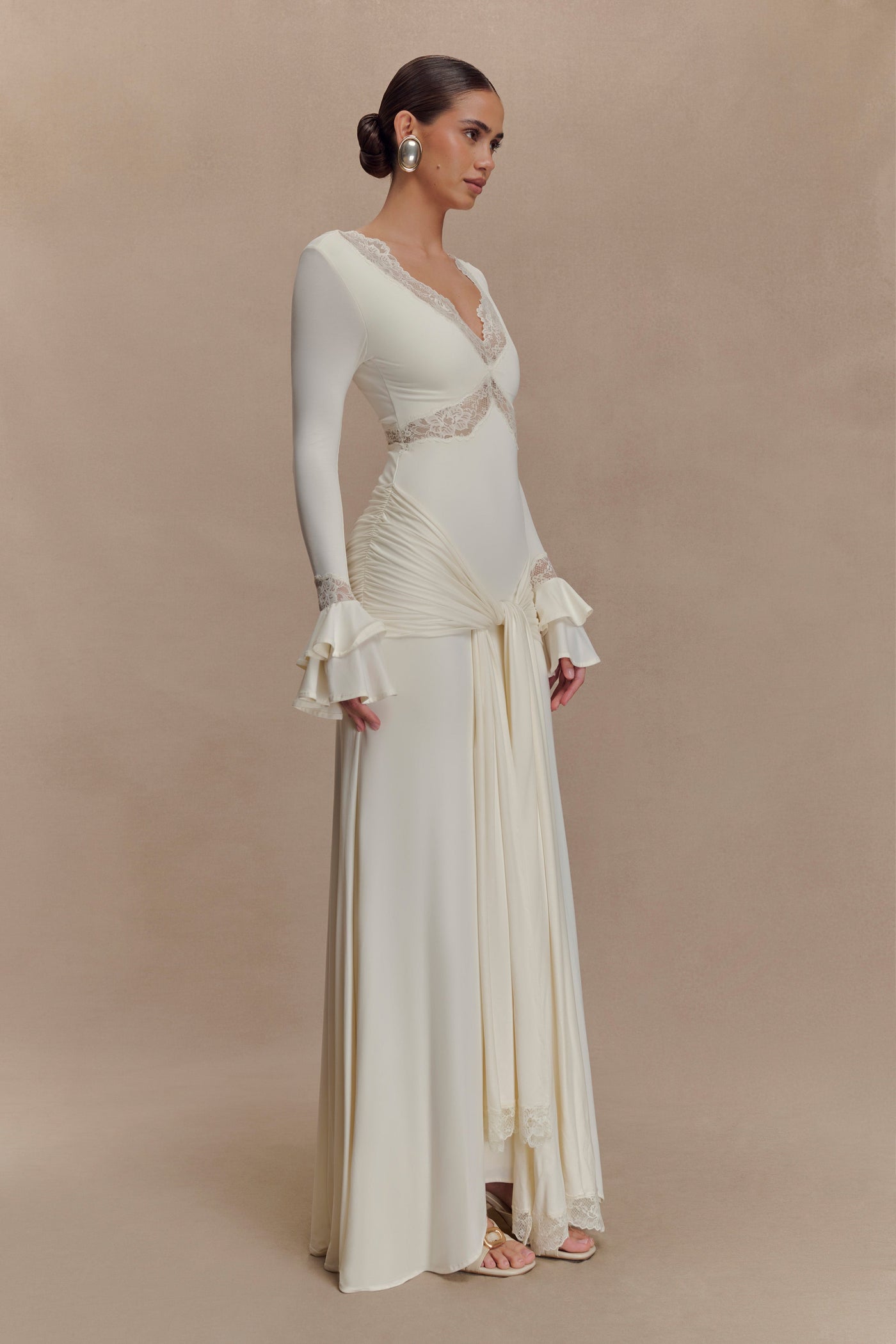 V-Neck Long Sleeve Lace Trim Ruched Maxi Dress 8