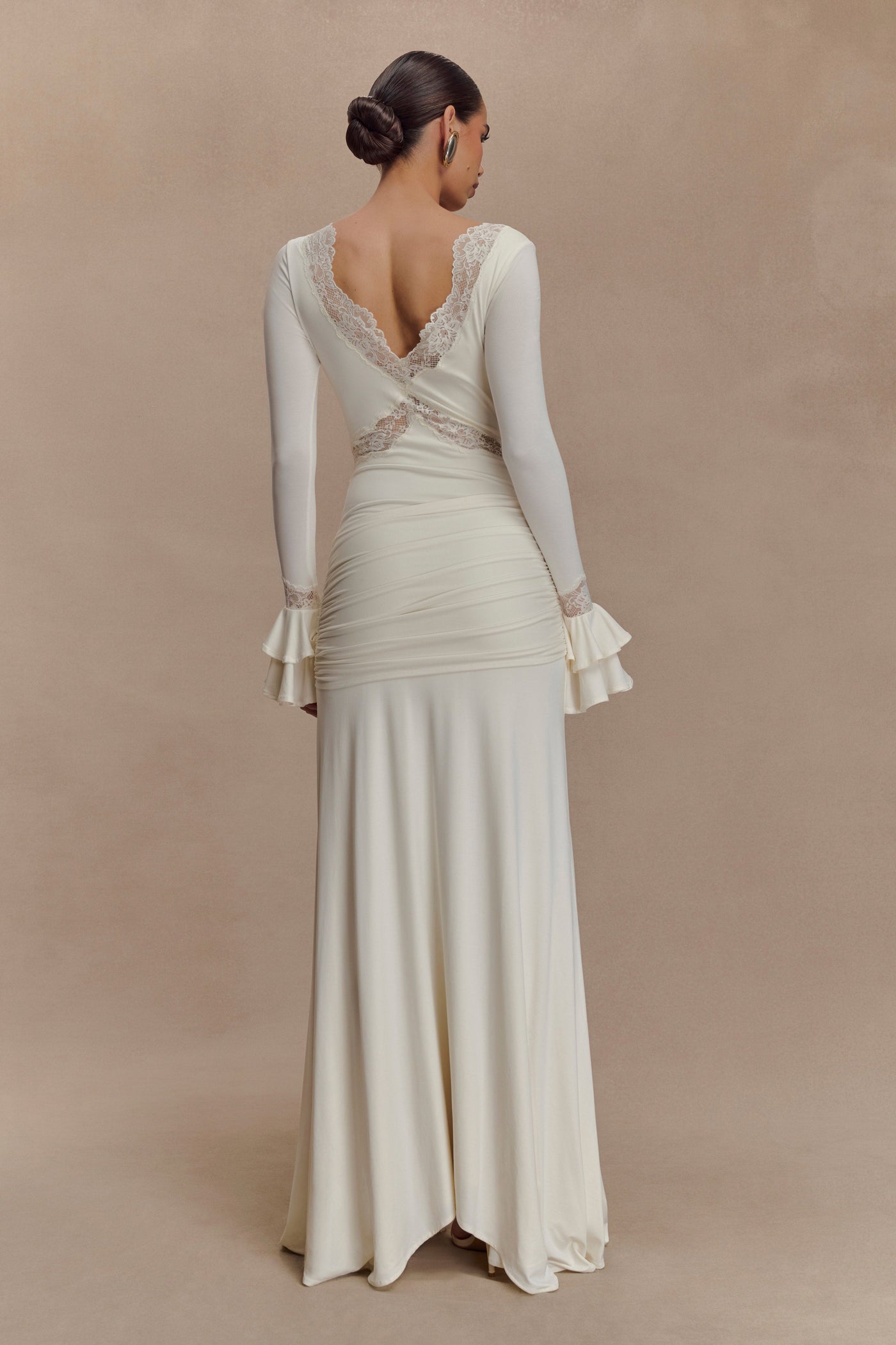 V-Neck Long Sleeve Lace Trim Ruched Maxi Dress 6