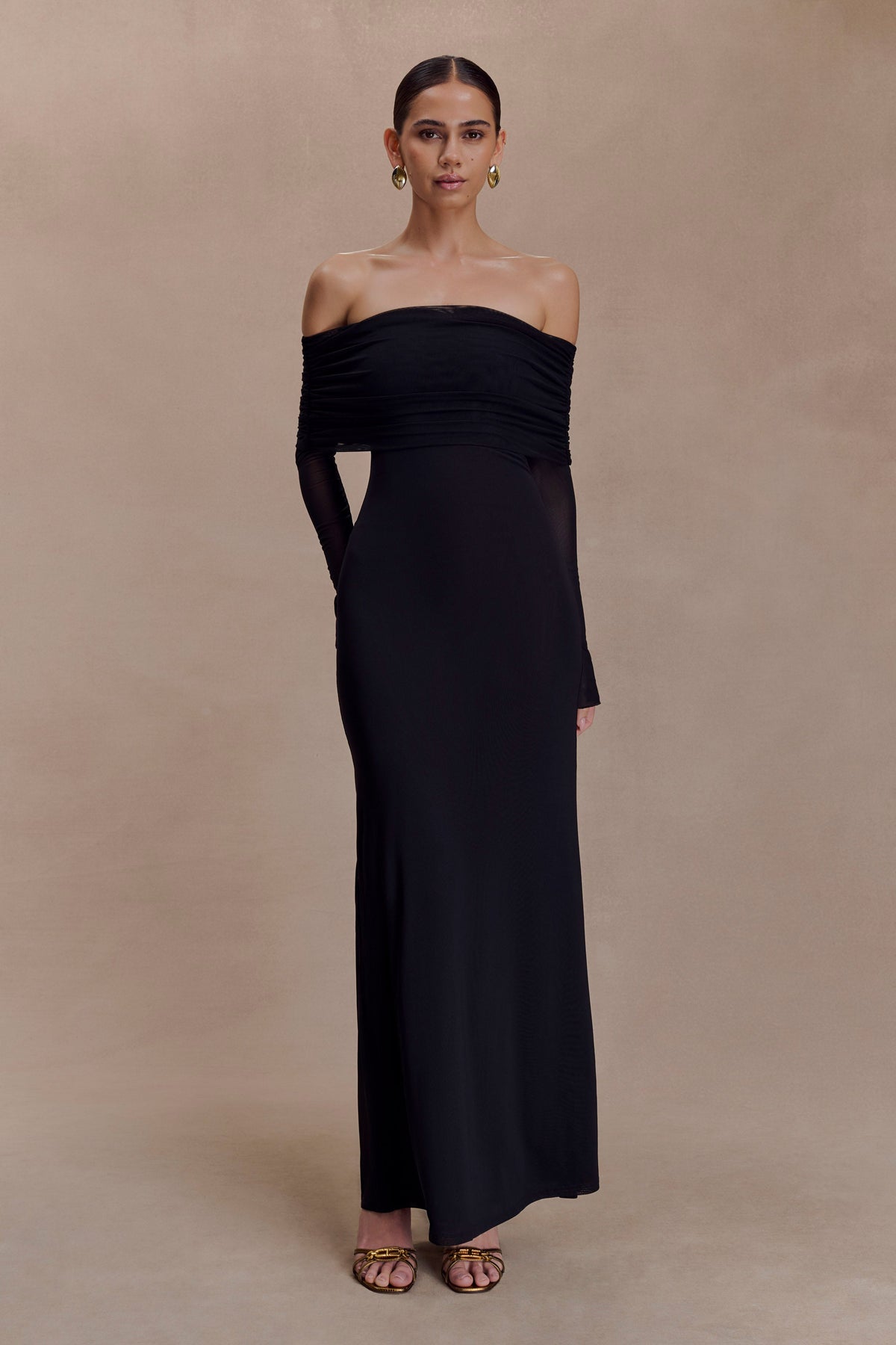 Mesh Off Shoulder Ruched Long Sleeve Column Maxi Dress