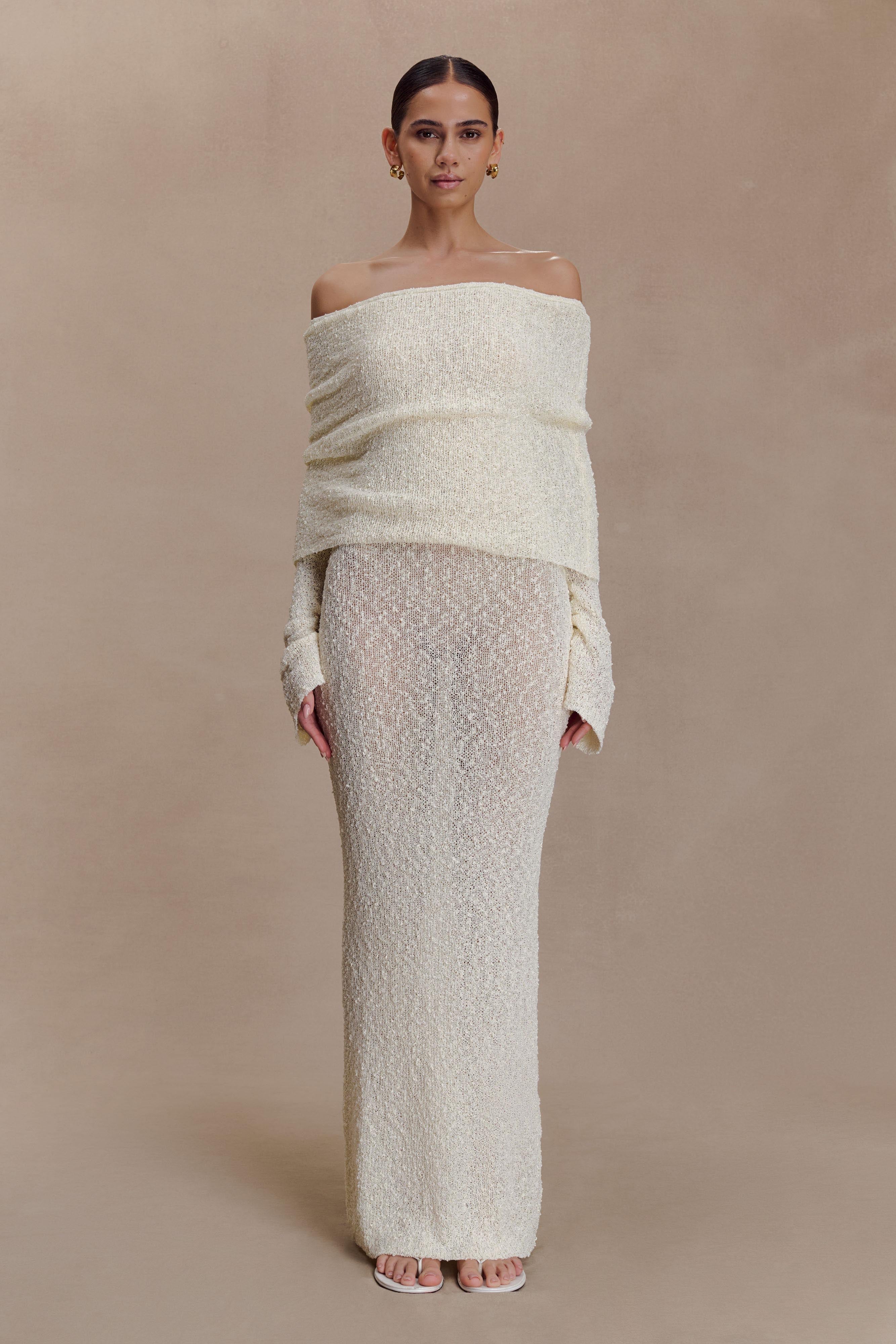 Textured Knit Off Shoulder Long Sleeve Sheer Maxi Dress