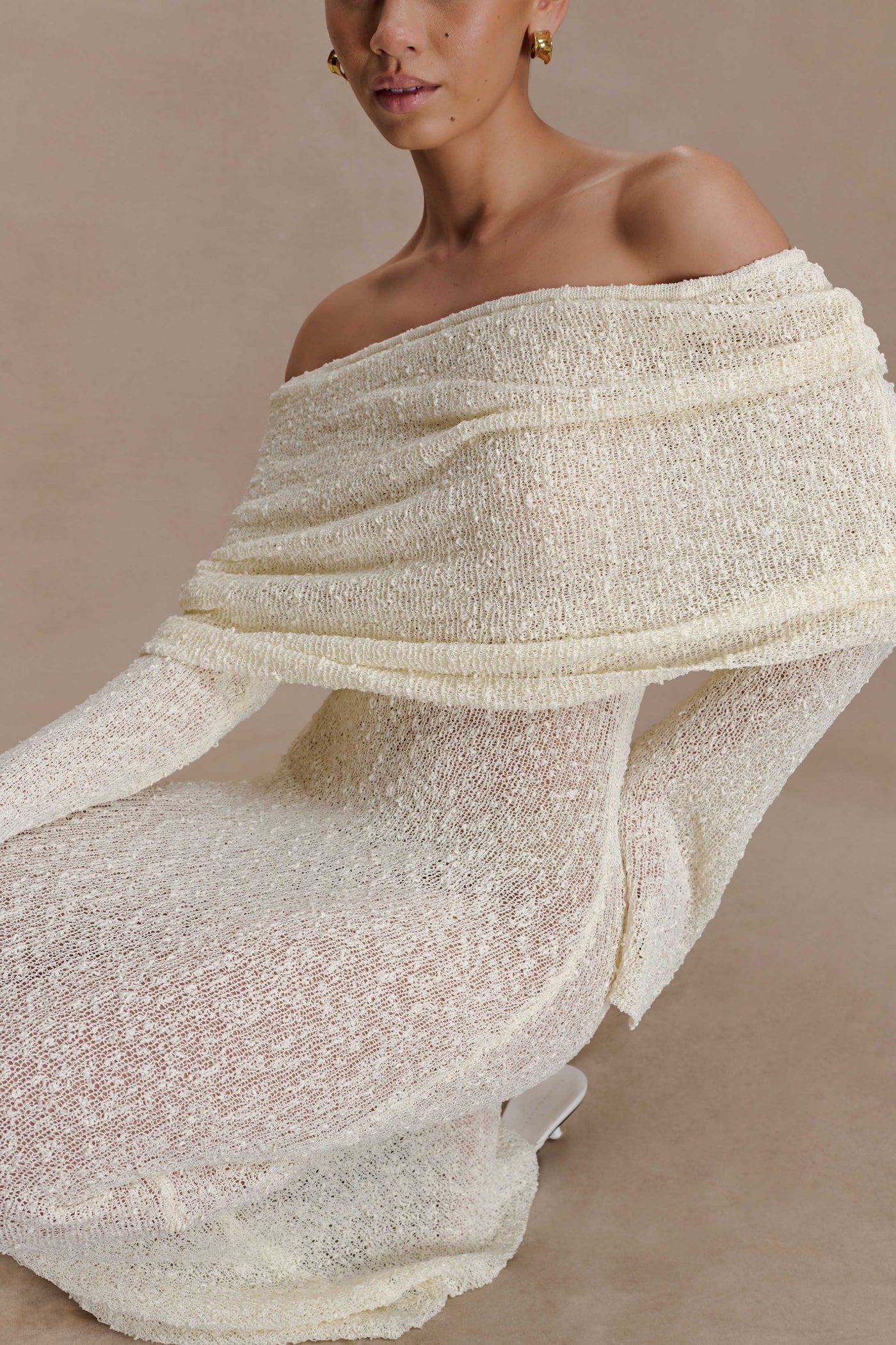 Textured Knit Off Shoulder Long Sleeve Sheer Maxi Dress 3