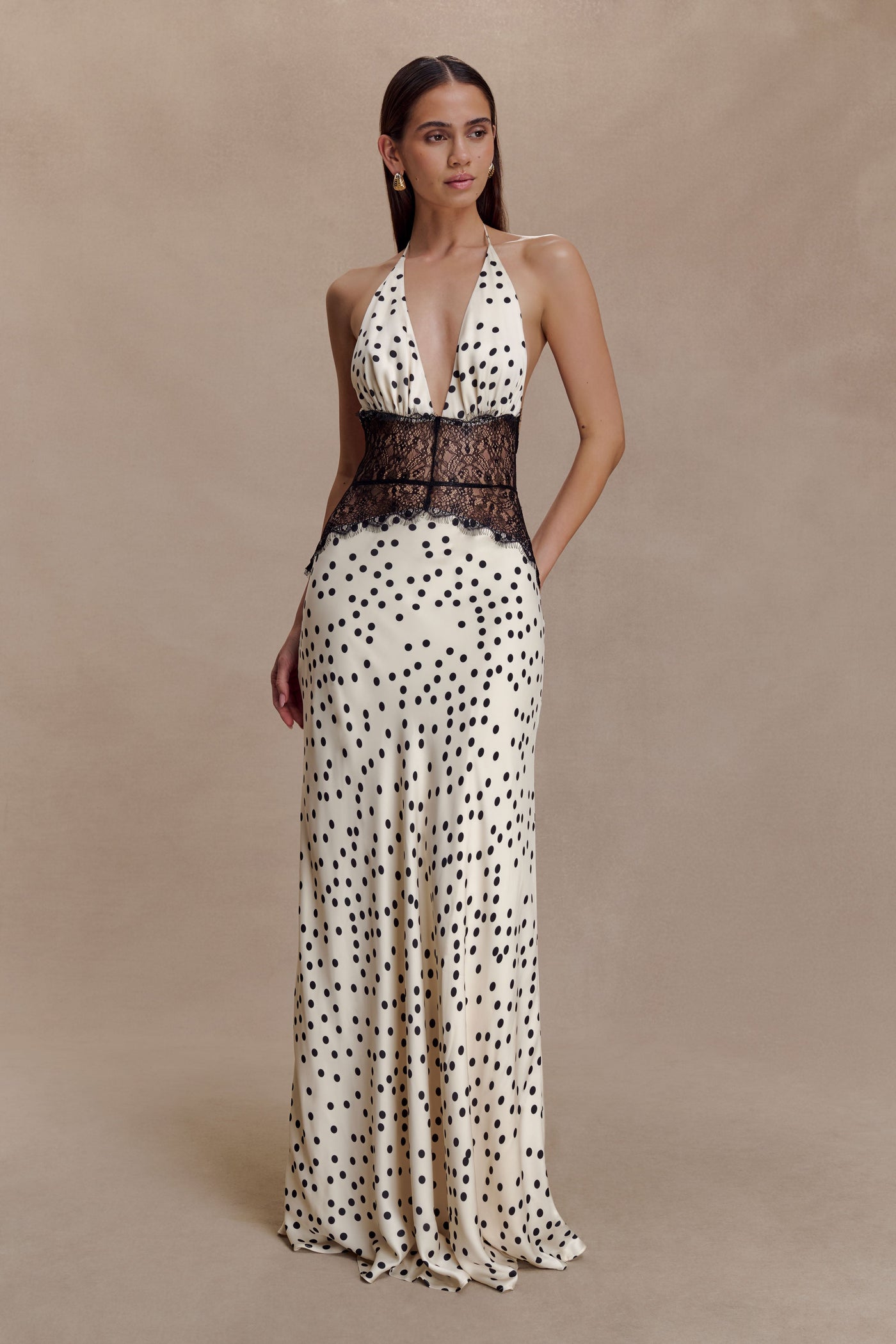 Polka Dot Satin Halter Deep V-Neck Lace Trim Maxi Dress 4