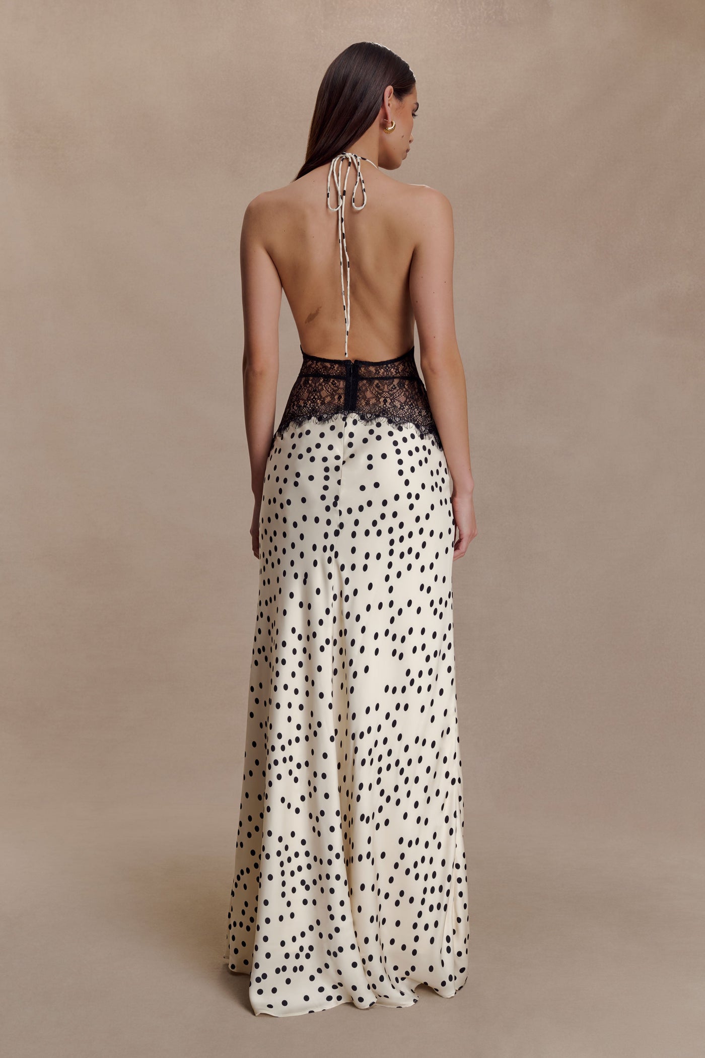 Polka Dot Satin Halter Deep V-Neck Lace Trim Maxi Dress 2
