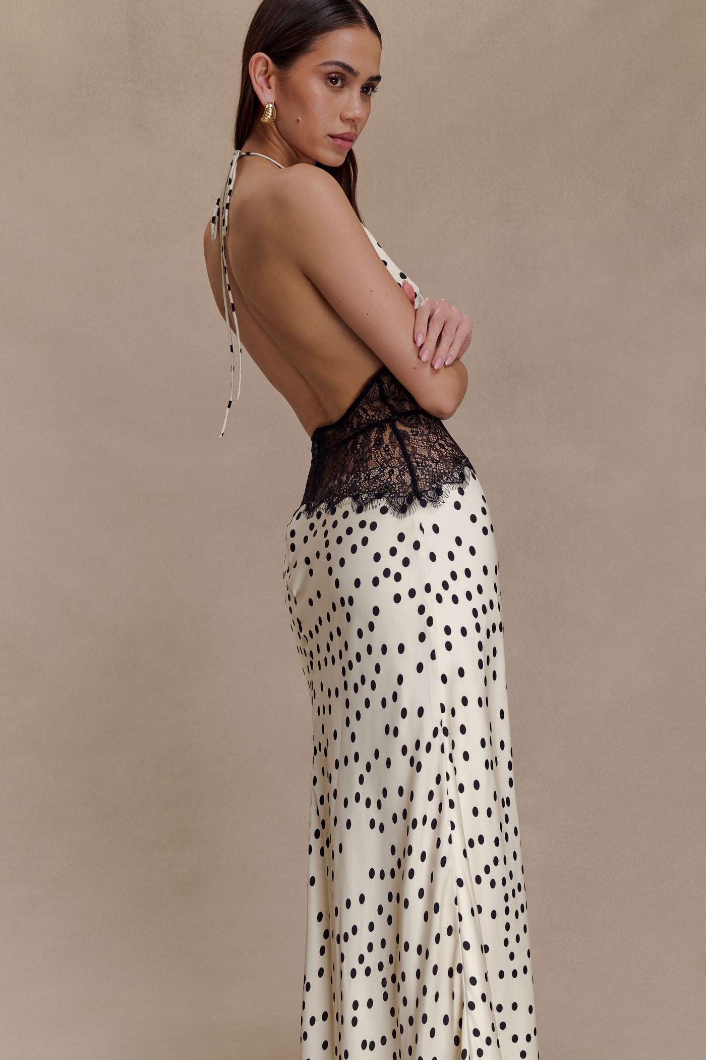 Polka Dot Satin Halter Deep V-Neck Lace Trim Maxi Dress 6