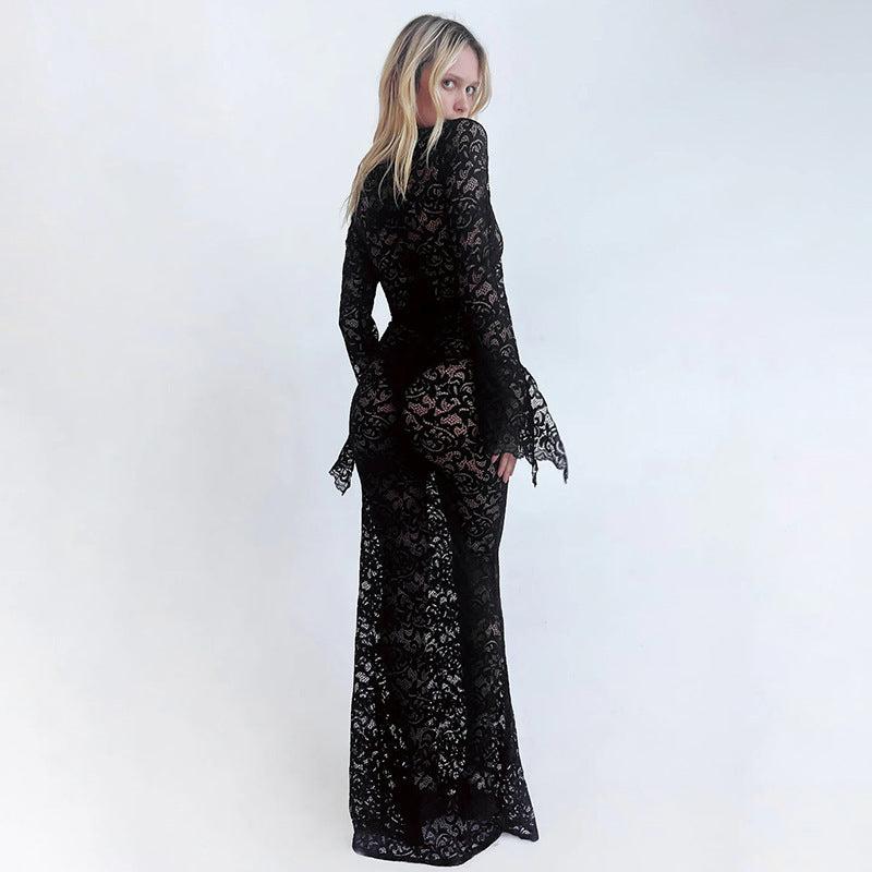 Lace Deep V-Neck Bell Sleeve Mermaid Maxi Gown