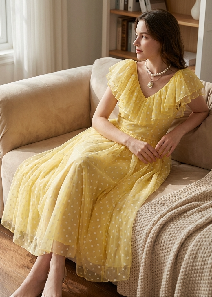 Stylish Yellow V Neck Ruffled Print Chiffon Long Dress Summer 2